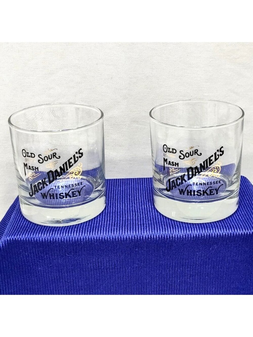 Jack Daniels Tennessee Whiskey Old Sour Mash Barware Glasses (2) 1990s Vintage